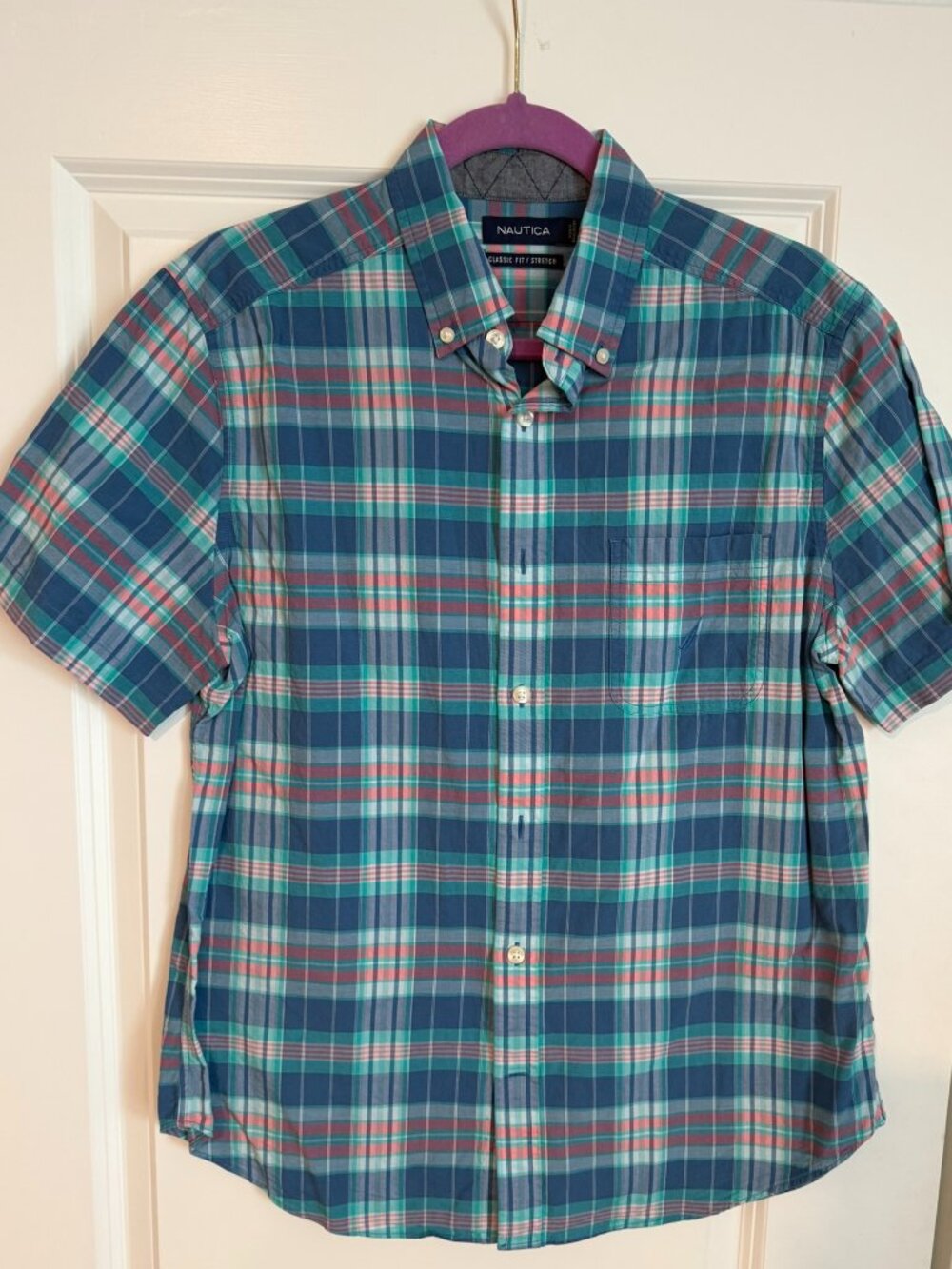 Nautica Men's Plaid Button Front Shirt Classic Fit Stretch Medium Short Sleeve